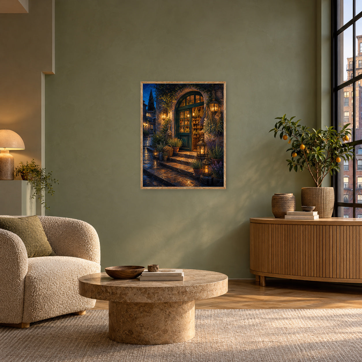 Arched Courtyard Cafe Night Wall Art Print poster room mockup 3