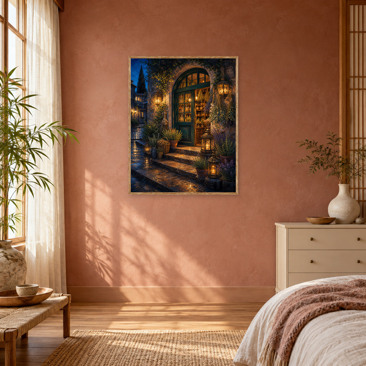 Arched Courtyard Cafe Night Wall Art Print poster room mockup 4