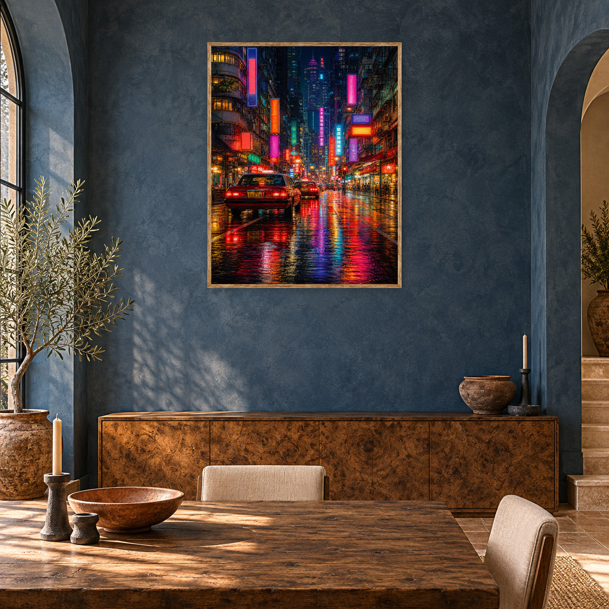 Neon City Rain Street Wall Art Print poster room mockup 2