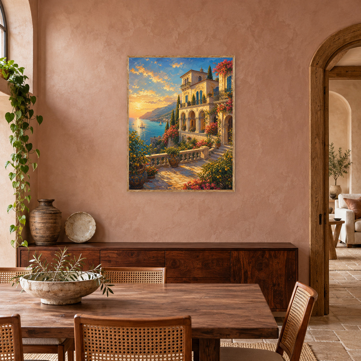 Tuscan Hillside Villa Garden Wall Art Print poster room mockup 4