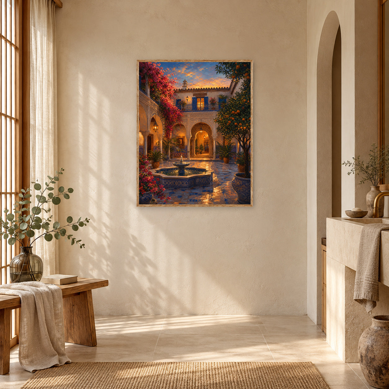 Spanish Courtyard Fountain Night Wall Art Print poster room mockup 4