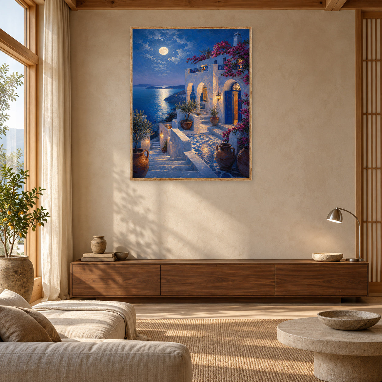 Santorini Moonlit Stairway Wall Art Print poster room mockup 2