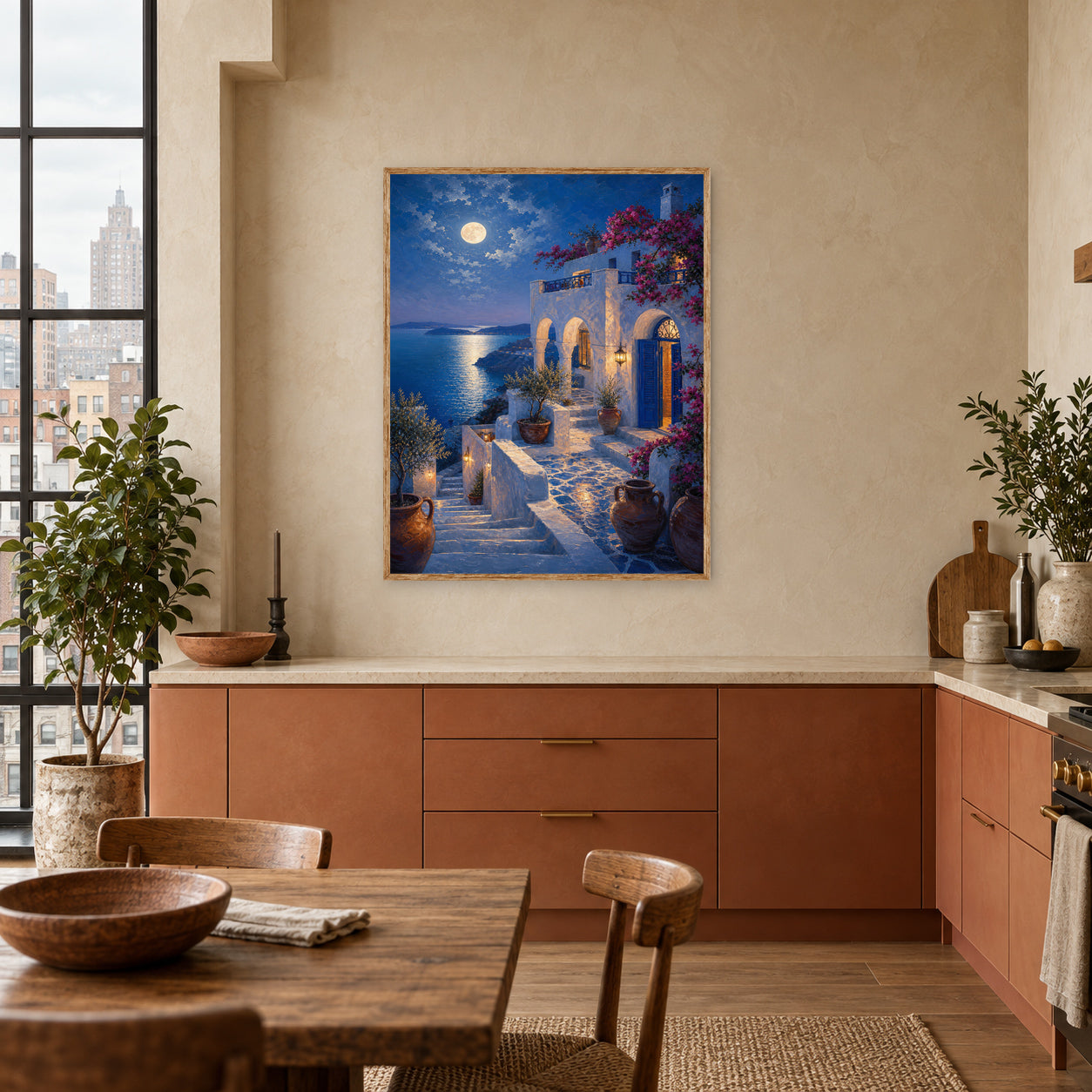 Santorini Moonlit Stairway Wall Art Print poster room mockup 4