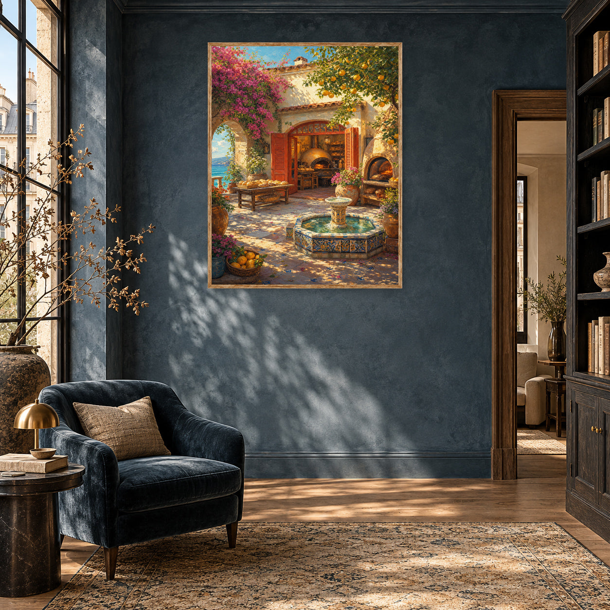 Mediterranean Courtyard Fountain Wall Art Print poster room mockup 2