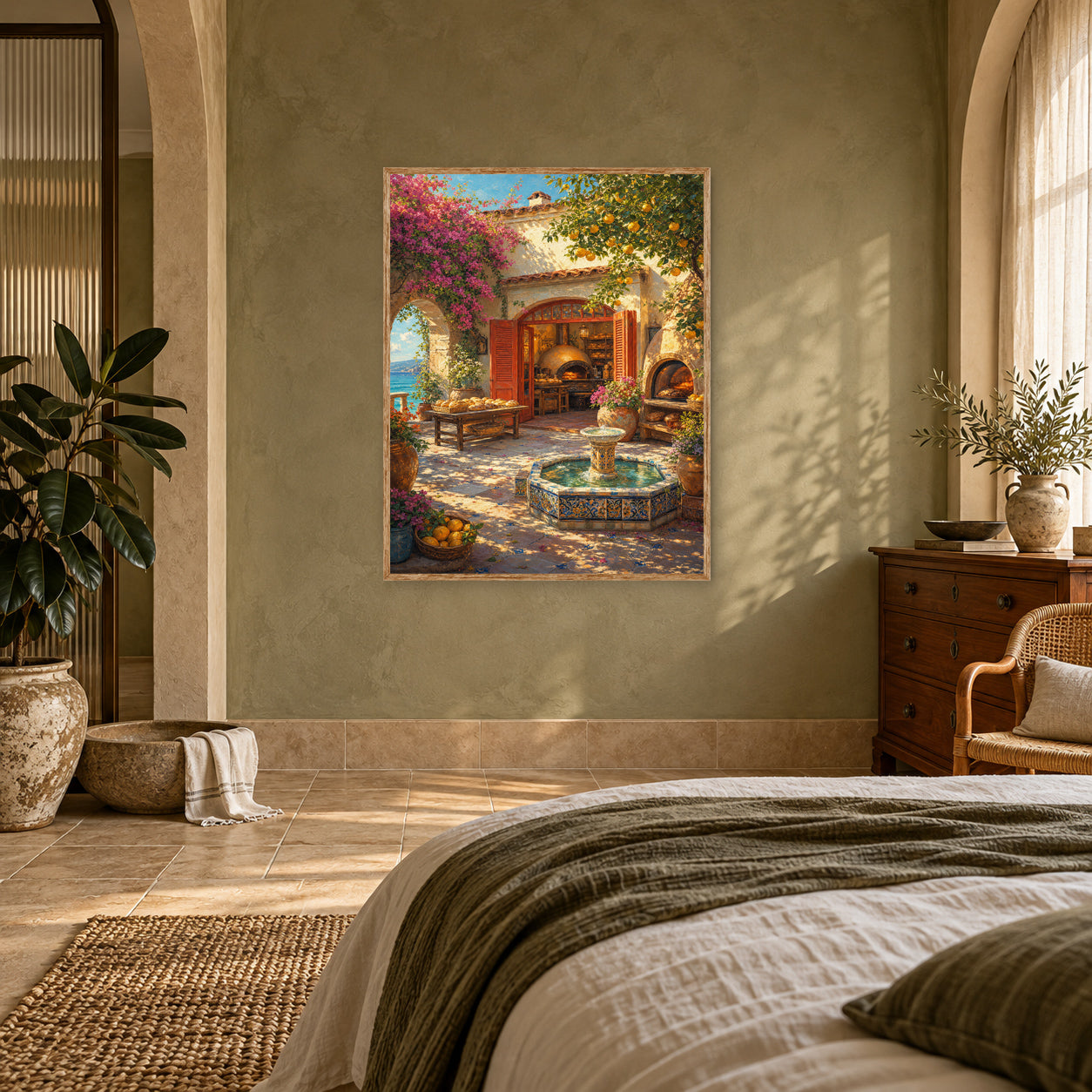 Mediterranean Courtyard Fountain Wall Art Print poster room mockup 4