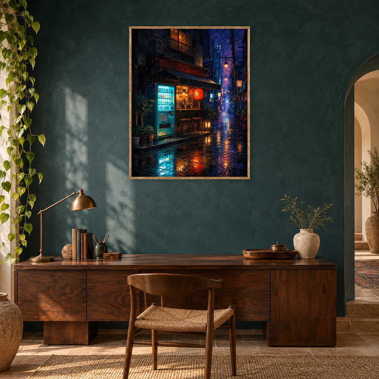 Rainy Tokyo Corner Store Wall Art Print poster room mockup 2