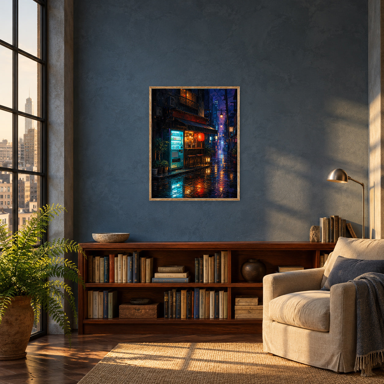 Rainy Tokyo Corner Store Wall Art Print poster room mockup 3