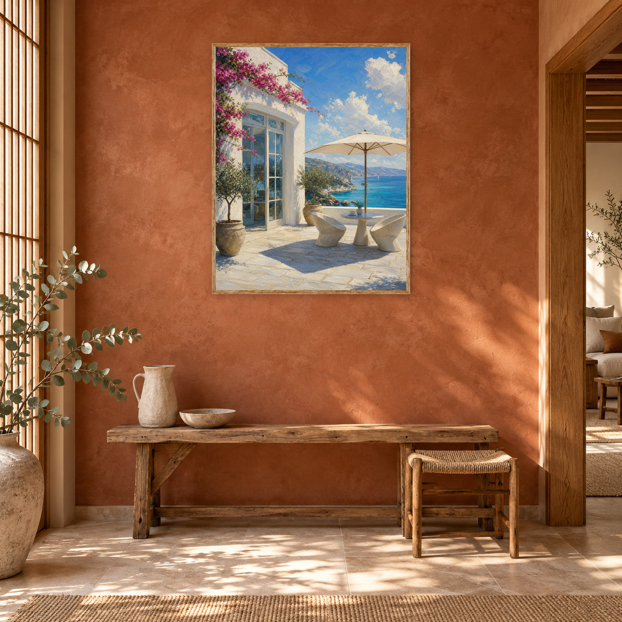 Greek Island Terrace Sea View Wall Art Print poster room mockup 2