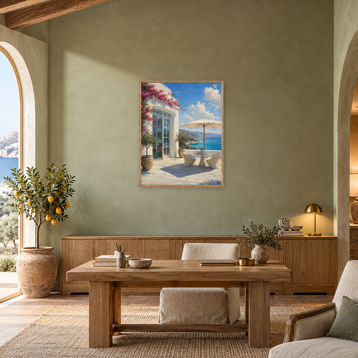 Greek Island Terrace Sea View Wall Art Print poster room mockup 3