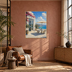 Greek Island Terrace Sea View Wall Art Print poster room mockup 4