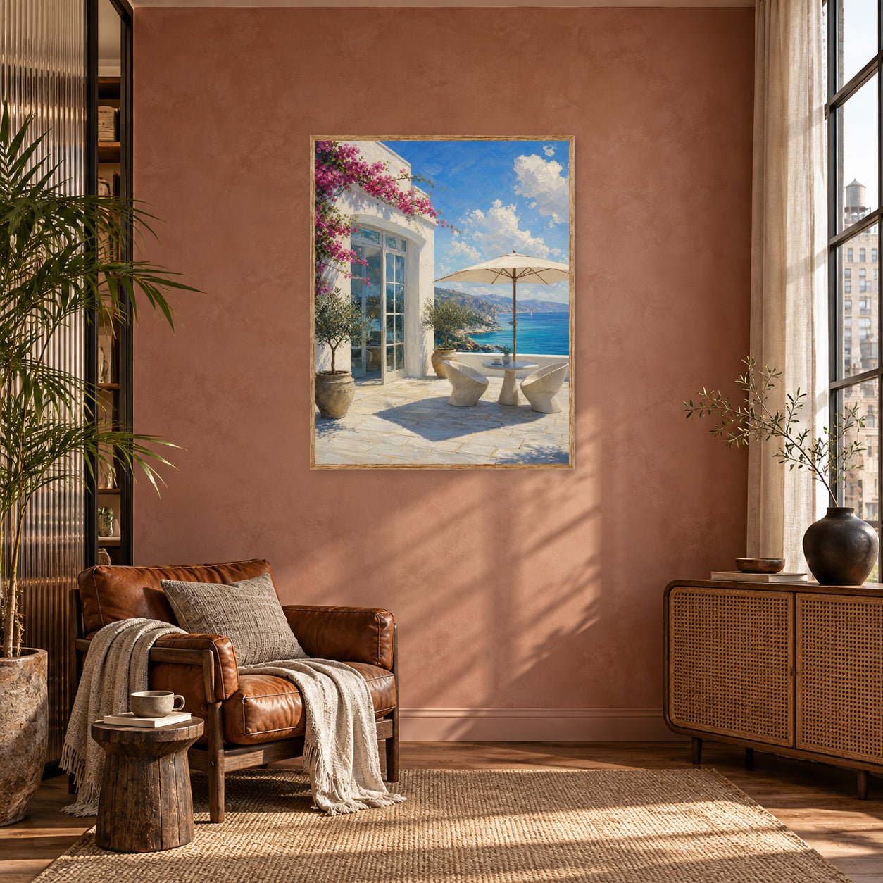 Greek Island Terrace Sea View Wall Art Print poster room mockup 4
