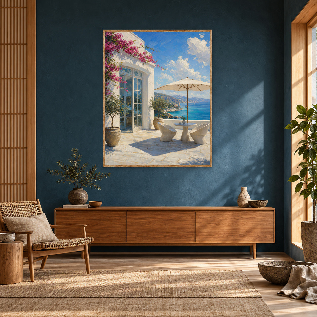 Greek Island Terrace Sea View Wall Art Print poster room mockup 5