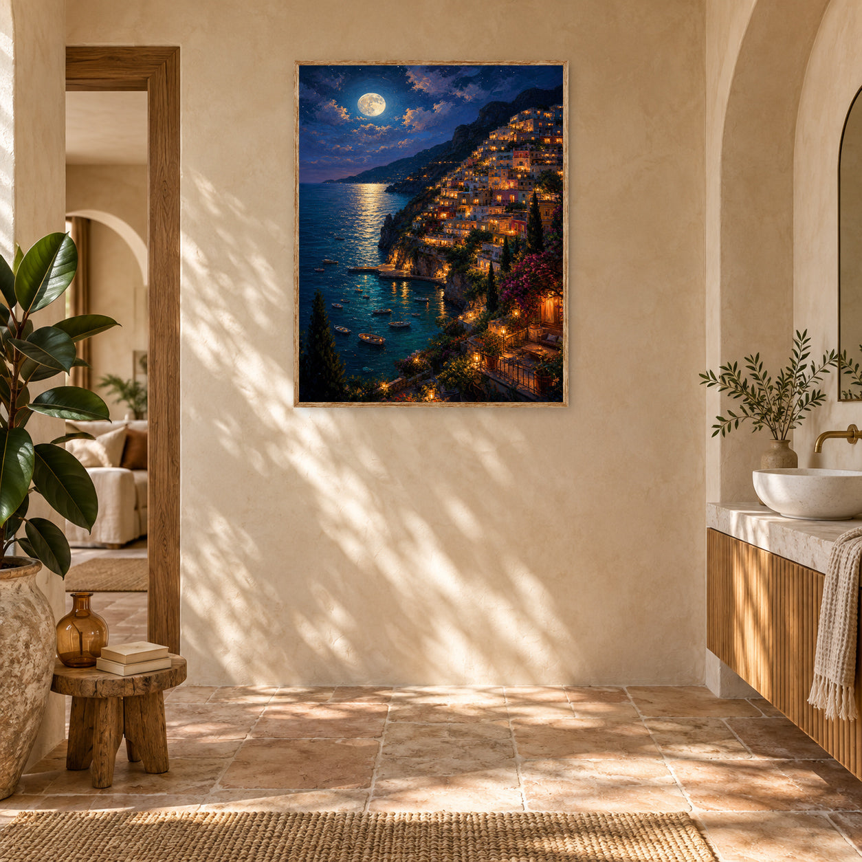 Moonlit Amalfi Coast Village Wall Art Print poster room mockup 2