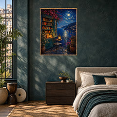 Moonlit Lakeside Bookshop Wall Art Print poster room mockup 2