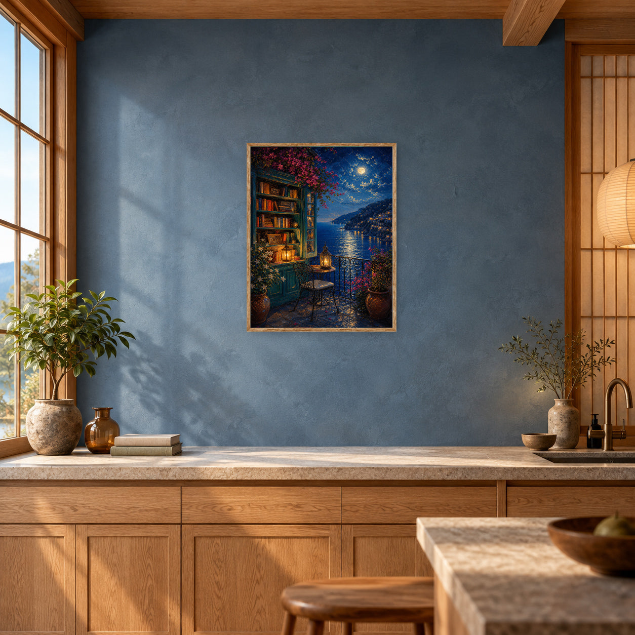 Moonlit Lakeside Bookshop Wall Art Print poster room mockup 3