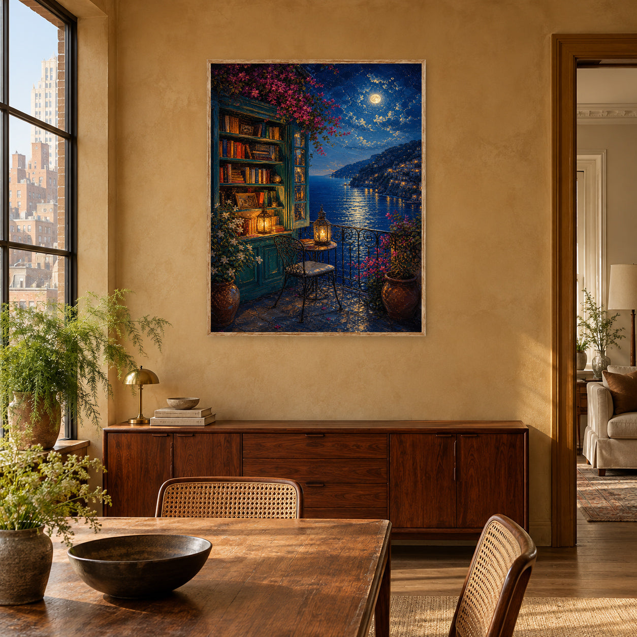 Moonlit Lakeside Bookshop Wall Art Print poster room mockup 5