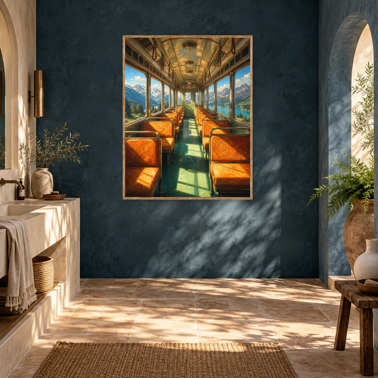 Vintage Dining Train Ocean View Wall Art Print poster room mockup 5