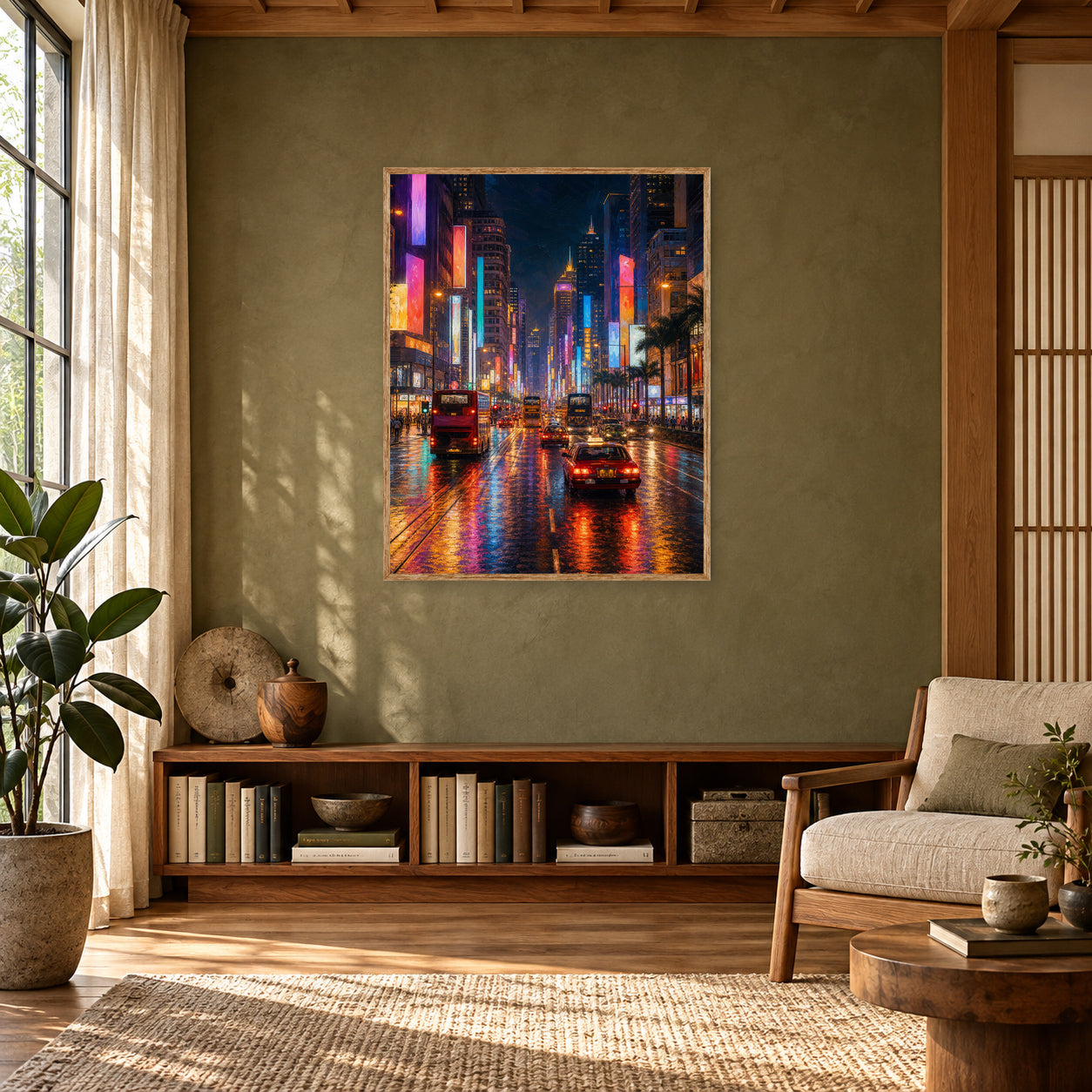 Tokyo Neon Rain Avenue Wall Art Print poster room mockup 4