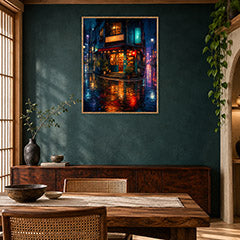 Rainy Neon Corner Restaurant Wall Art Print poster room mockup 2