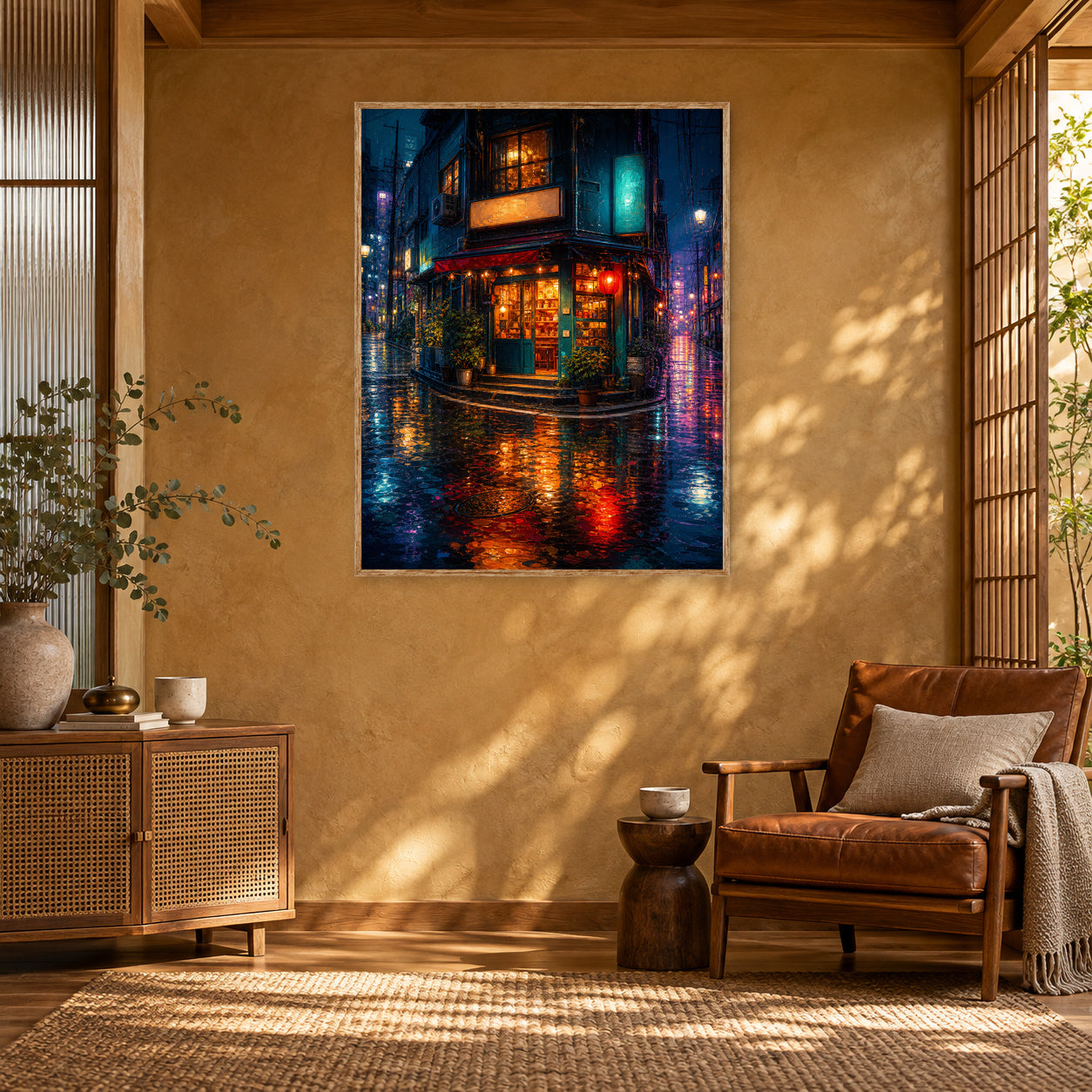 Rainy Neon Corner Restaurant Wall Art Print poster room mockup 5