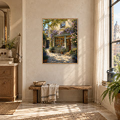 Blooming Stone Cottage Garden Wall Art Print poster room mockup 4