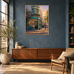 Turquoise Corner Cafe Sunset Wall Art Print poster room mockup 2