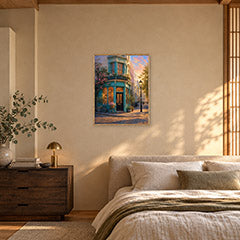 Turquoise Corner Cafe Sunset Wall Art Print poster room mockup 3