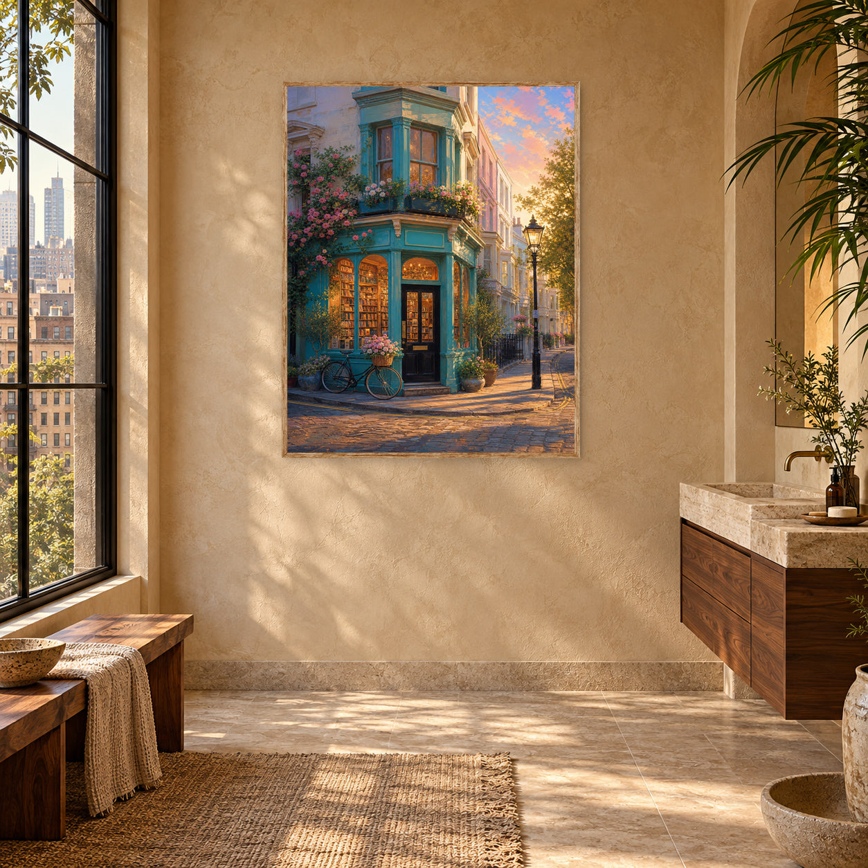 Turquoise Corner Cafe Sunset Wall Art Print poster room mockup 5