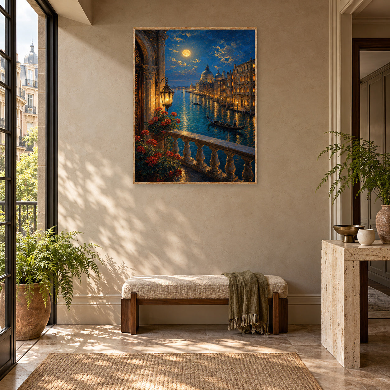 Venice Balcony Canal Moonlight Wall Art Print poster room mockup 2