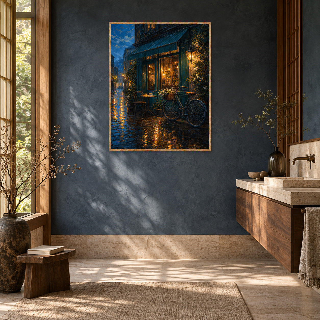 Rainy Bicycle Cafe Corner Wall Art Print poster room mockup 2