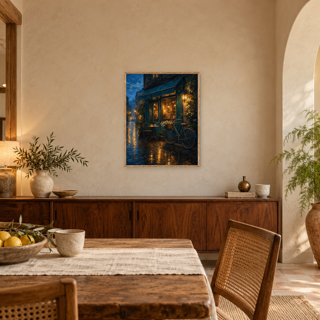 Rainy Bicycle Cafe Corner Wall Art Print poster room mockup 3