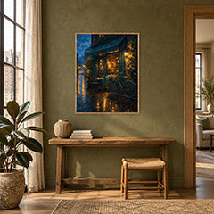 Rainy Bicycle Cafe Corner Wall Art Print poster room mockup 4