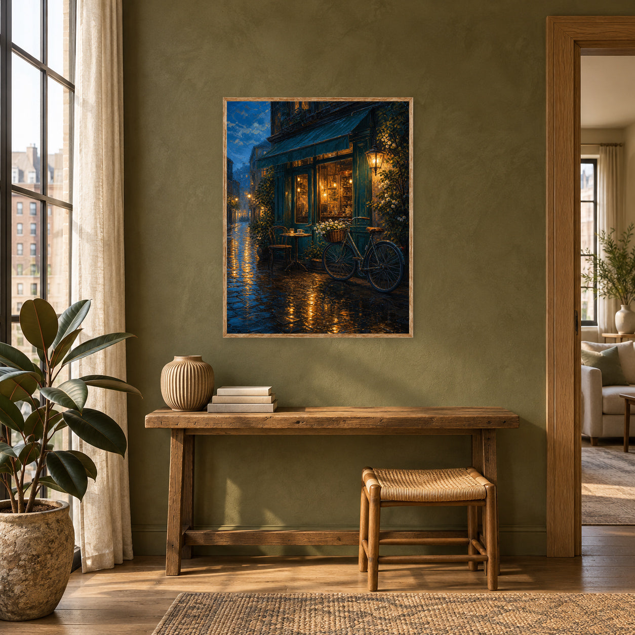 Rainy Bicycle Cafe Corner Wall Art Print poster room mockup 4