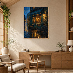 Rainy Bicycle Cafe Corner Wall Art Print poster room mockup 5