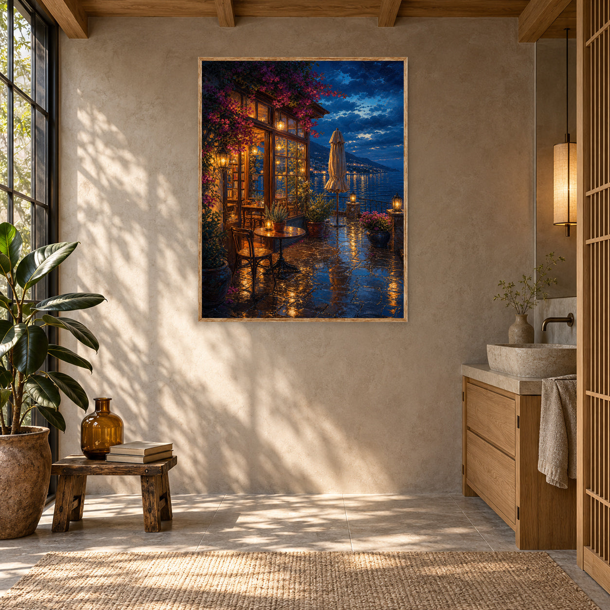 Rainy Canal Flower Cafe Night Wall Art Print poster room mockup 5