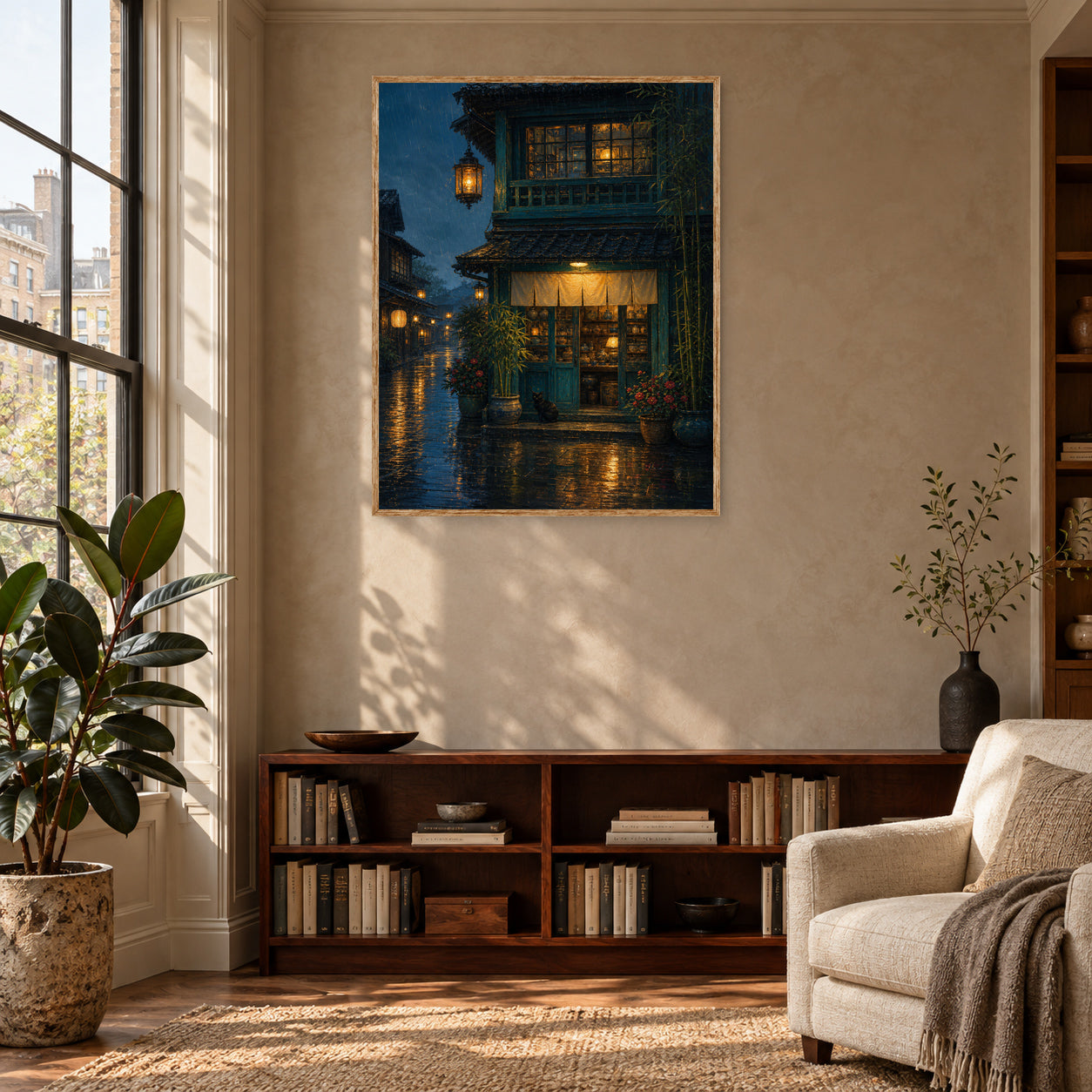 Rainy Lantern Townhouse Wall Art Print poster room mockup 2