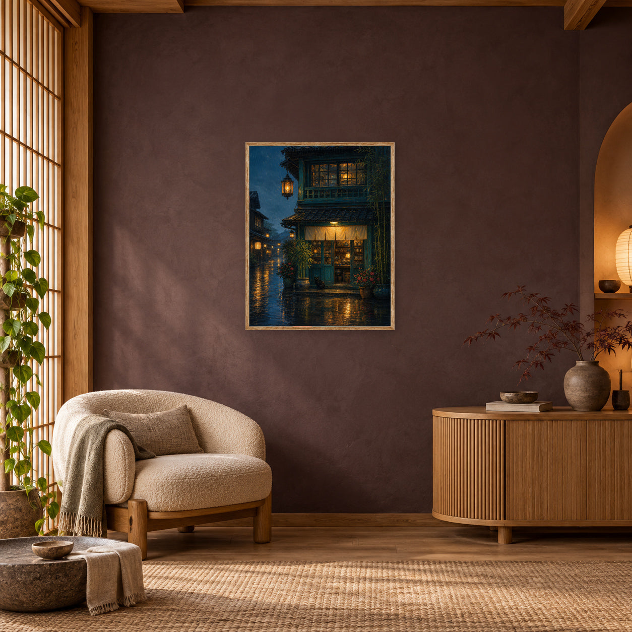Rainy Lantern Townhouse Wall Art Print poster room mockup 3