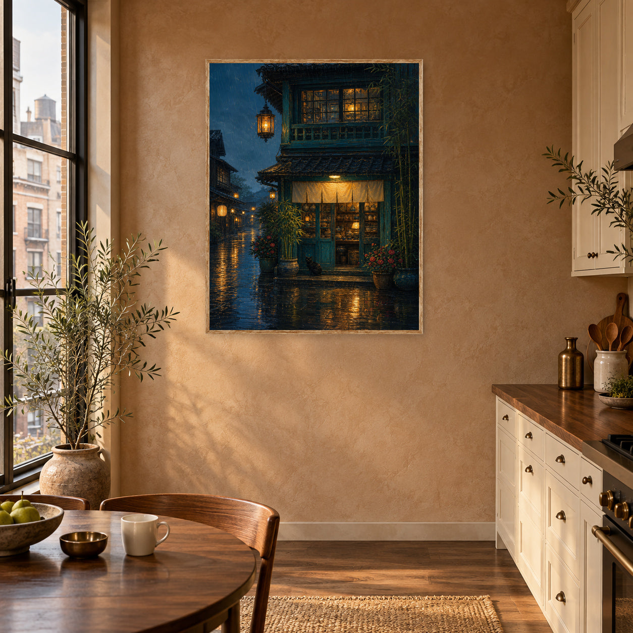 Rainy Lantern Townhouse Wall Art Print poster room mockup 5