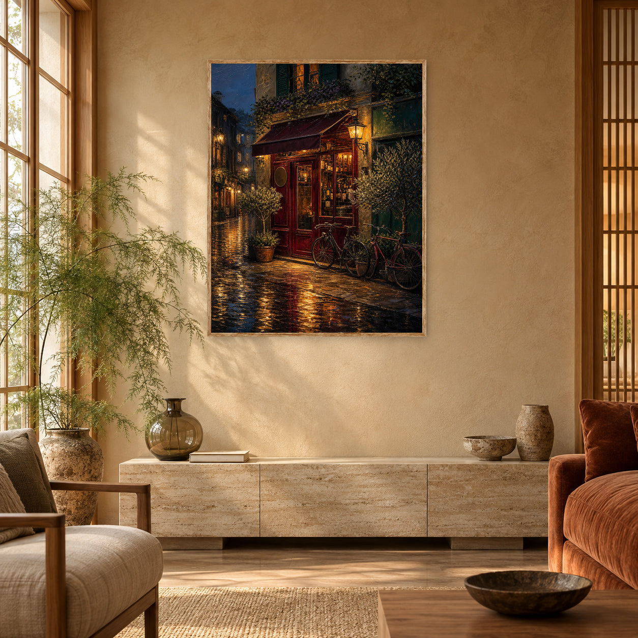 Rainy Red Awning Bistro Wall Art Print poster room mockup 5