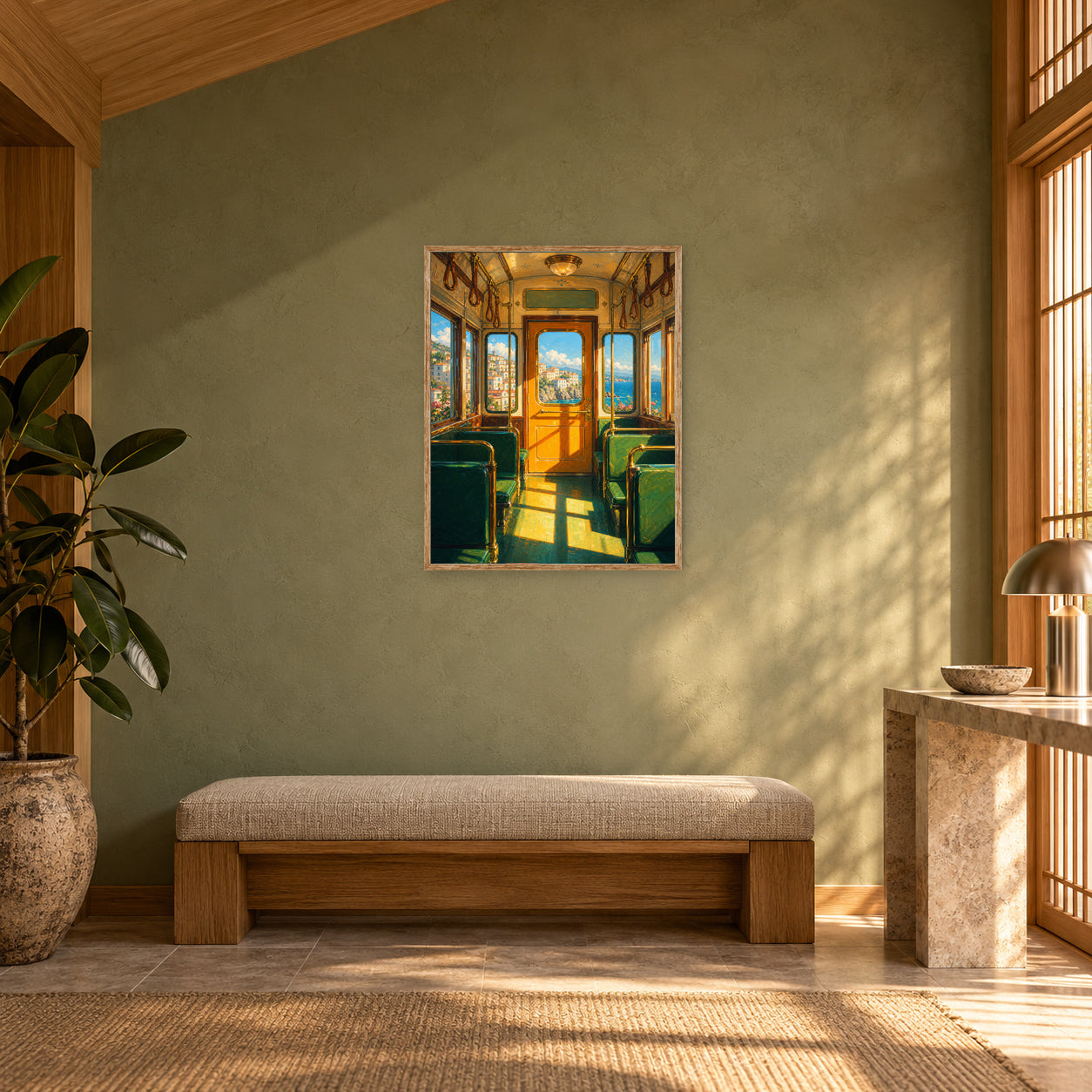Vintage Green Train Interior Wall Art Print poster room mockup 3