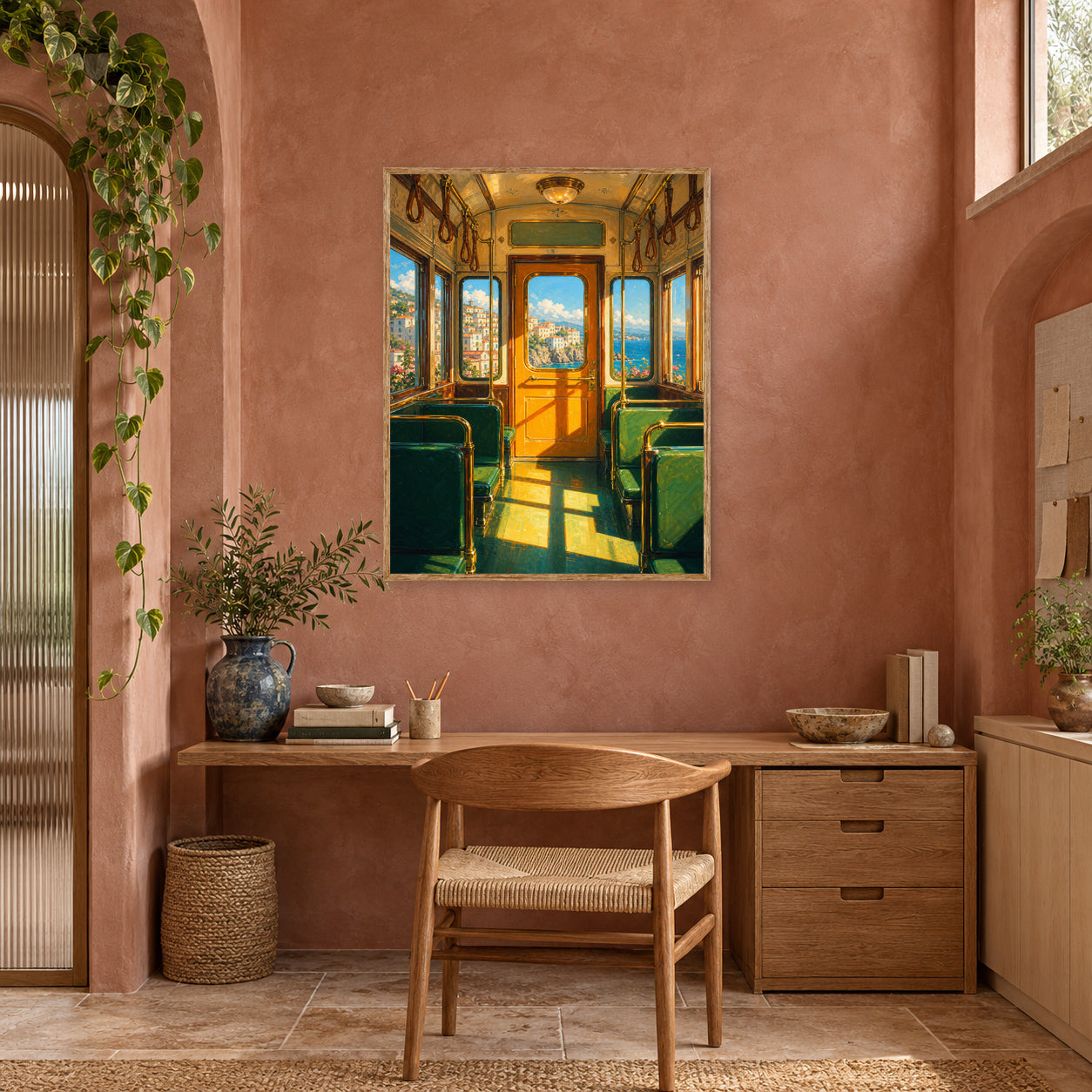 Vintage Green Train Interior Wall Art Print poster room mockup 4