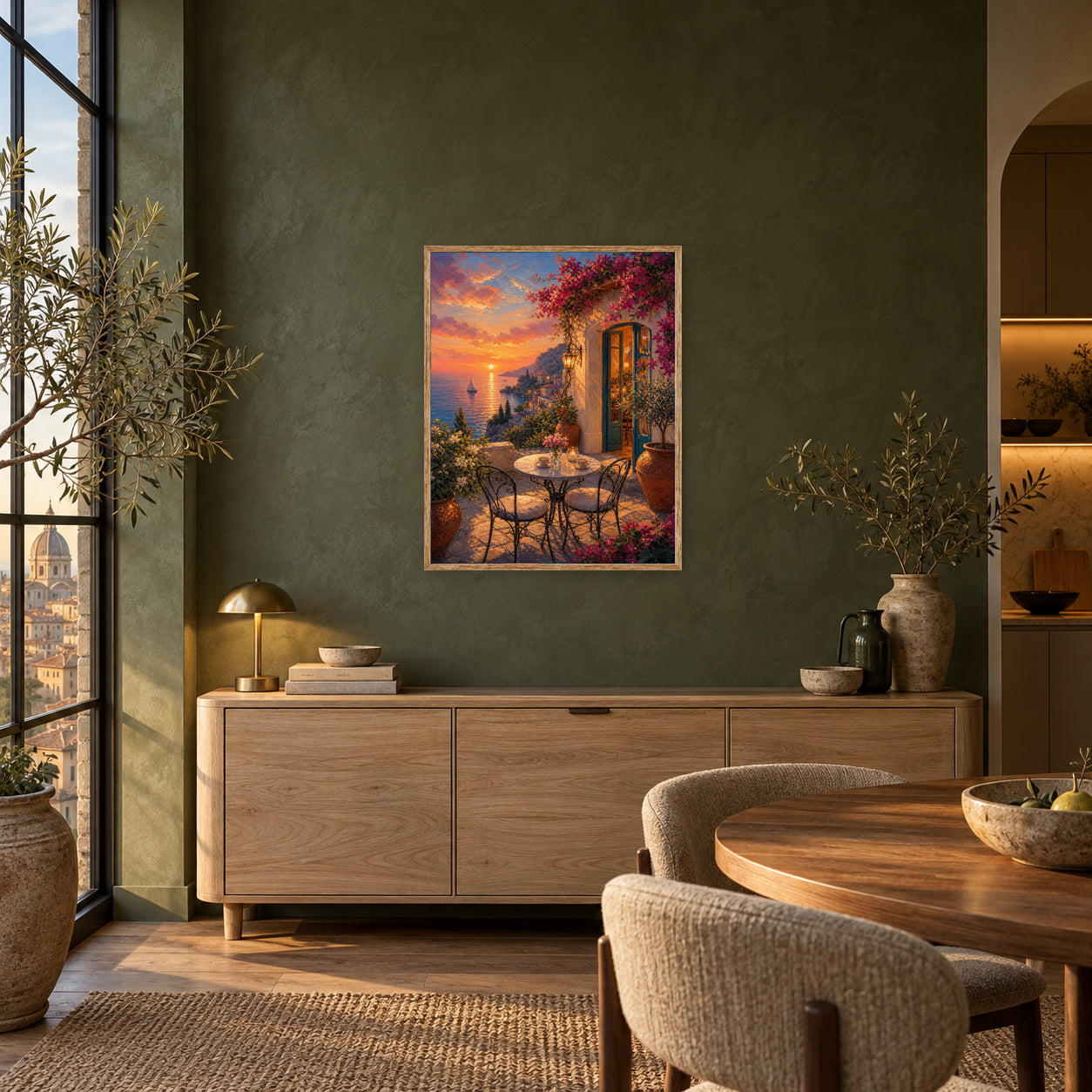 Mediterranean Balcony Sunset Cafe Wall Art Print poster room mockup 3