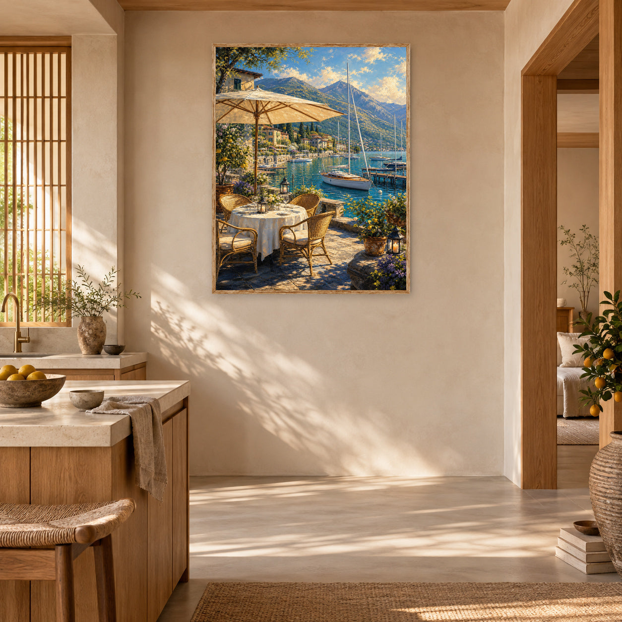 Lake Como Umbrella Terrace Wall Art Print poster room mockup 2
