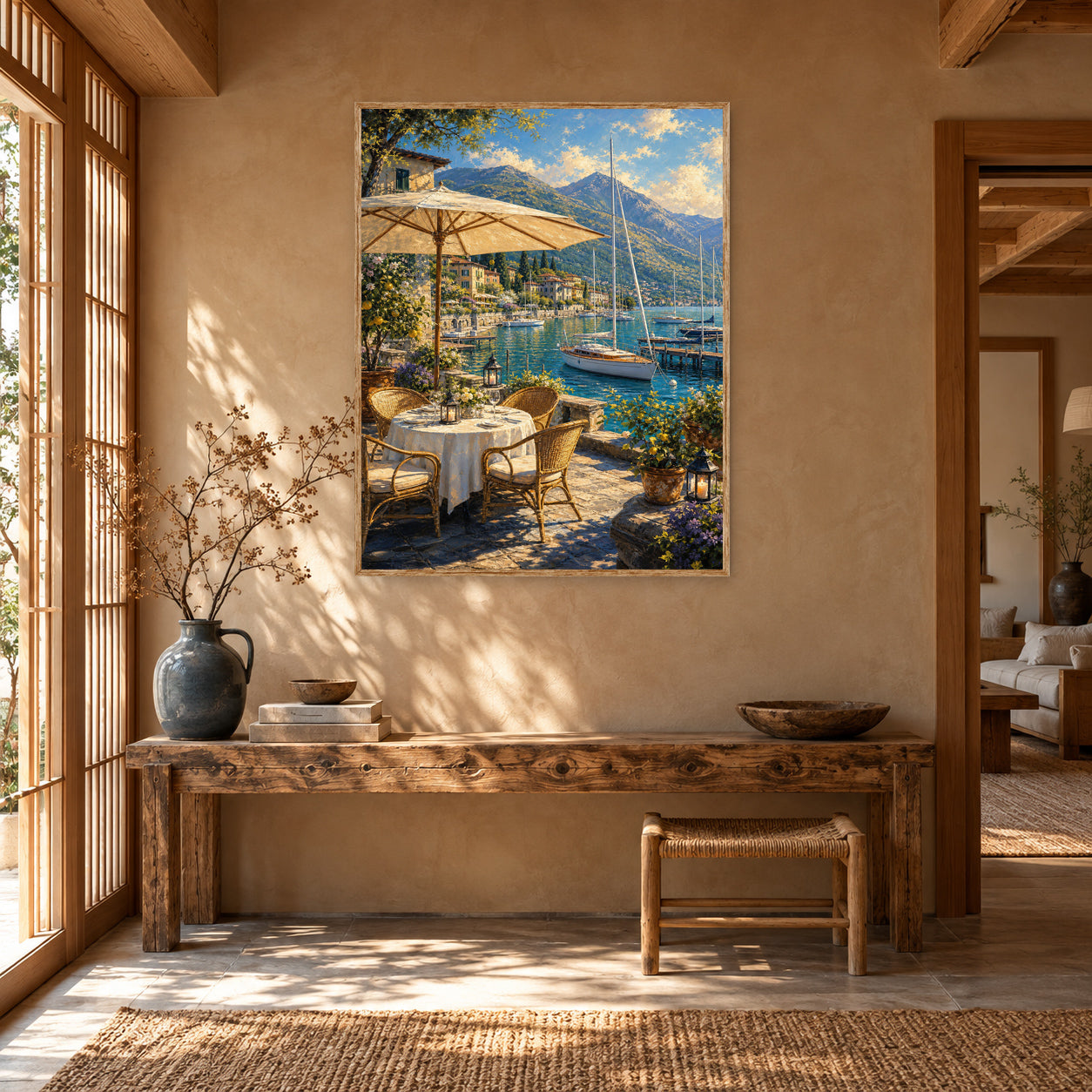 Lake Como Umbrella Terrace Wall Art Print poster room mockup 5