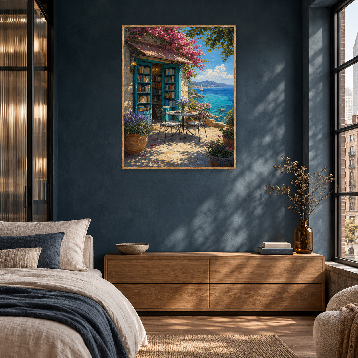 Seaside Bookshop Cafe Terrace Wall Art Print poster room mockup 2