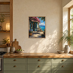 Seaside Bookshop Cafe Terrace Wall Art Print poster room mockup 3