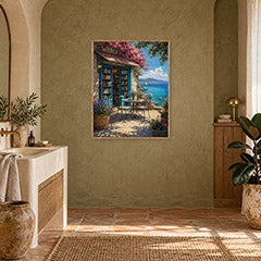 Seaside Bookshop Cafe Terrace Wall Art Print poster room mockup 4