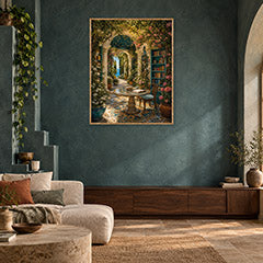 Mediterranean Fountain Courtyard Arch Wall Art Print poster room mockup 2