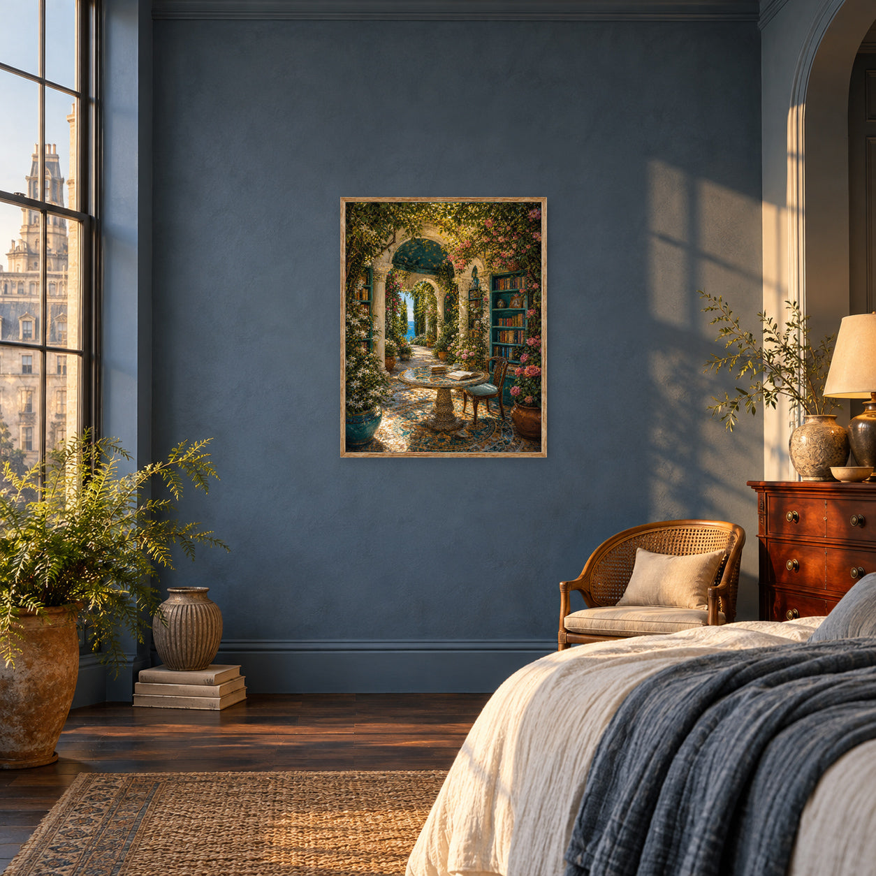 Mediterranean Fountain Courtyard Arch Wall Art Print poster room mockup 3