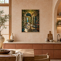 Mediterranean Fountain Courtyard Arch Wall Art Print poster room mockup 4